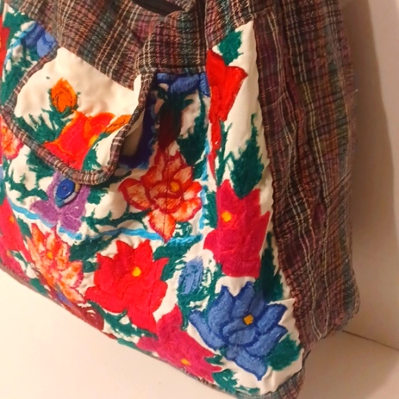Embroidered Hobo Bag Crossbody Floral and Plaid BOHO Bohemian - Picture 5 of 7